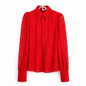 NWOT Saks Fifth Avenue Collection Red Lace Long-Sleeve Blouse